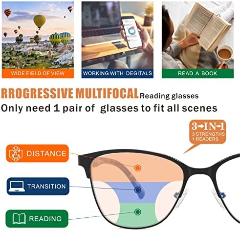 Progressive Multifocal Reading Glasses Women Cat Eye No Line Multifocus Transition Blue Light Reader Lady Metal Frame