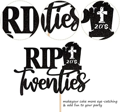 1 PCS Rip Twenties Cake Topper - Black Glitter Death to My Twenties Cake Pick - 20s Cake Decorations for Funeral Happy Youth 30th Birthday Party Supplies