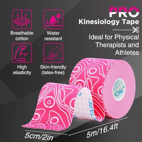 OK TAPE PRO Kinesiology Tape Uncut Roll, Elastic Physical Therapy Athletic Tape for Pain Relief, Muscle Support, Kinetic Tape, Water Resistant, 2in X 16.4ft -Pink 2 Rolls