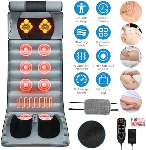 Full Body Massage Mat with Heat Massage Heating Pad Electric Vibration Massage Pad Cushion Massage Mattress Heated Chair Pad with Timer Anti-Slip Bottom Earplugs for Back Neck Foot Kneading
