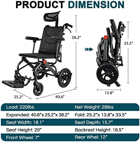Super Lightweight Reclining Travel Wheelchair, Folding Transit Transport Wheelchairs for Adults and Seniors Support 220lbs, Lightweight Aluminum Wheelchair for Elderly
