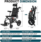 Super Lightweight Reclining Travel Wheelchair, Folding Transit Transport Wheelchairs for Adults and Seniors Support 220lbs, Lightweight Aluminum Wheelchair for Elderly