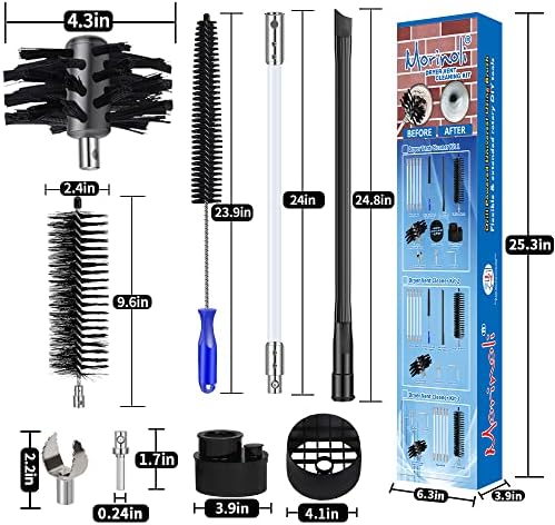 24 Feet Dryer Vent Cleaning Kit - Chrome Button Locking System - Dryer Vent Cleaner Kit With Vacuum Attachment, Nozzle, Hose and Adapter