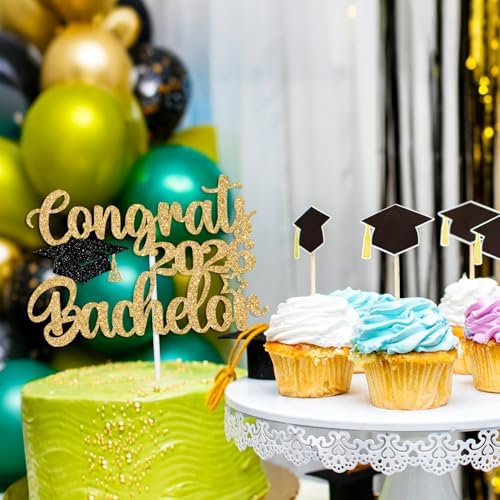Congrats Bachelor Cake Topper, Finally Done with This B.S. Cake Decor, Class of 2026 Bachelor Degree College Graduation Party Decorations Supplies, Gold and Black