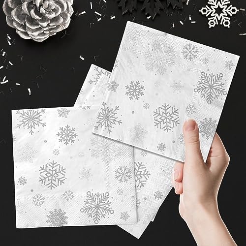 40pcs Snowflake Winter Napkin Party Decoration Winter Snowflake Silver Gray Wonderland Theme Paper Table Napkin Disposable for Christmas Holiday Birthday Party Supplies