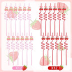 24 Pcs Pink Bow Strawberry Straws Bow Strawberry Birthday Party Decor 10.4'' Reusable Plastic Drinking Straws for Summer Berry Sweet Fruit Birthday Bridal Baby Shower Wedding Party Supplies