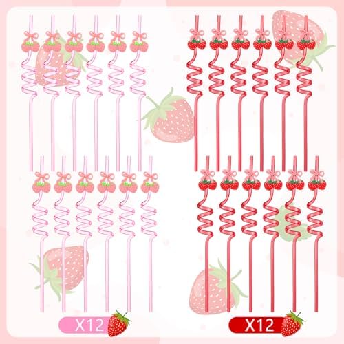 24 Pcs Pink Bow Strawberry Straws Bow Strawberry Birthday Party Decor 10.4'' Reusable Plastic Drinking Straws for Summer Berry Sweet Fruit Birthday Bridal Baby Shower Wedding Party Supplies