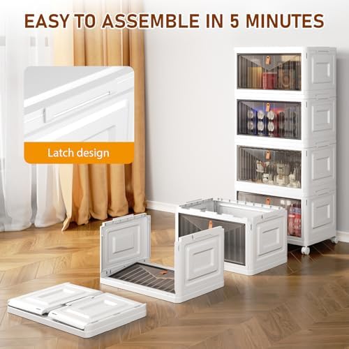 4 Tier Storage Bins with Lids, 23QT Stackable Closet Organizers and Storage with Wheels, Collapsible Storage Boxes, Foldable Plastic Storage Containers for Home,Office, Dorm Room-White