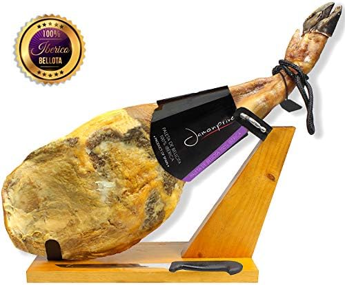Iberico Ham Acorn-fed Bellota 100% Pure Breed (shoulder) Bone in from Spain - Jamon 100% Iberico de Bellota Pata Negra (Paleta Iberica) - Gluten Free (Ham stand & Knife included)