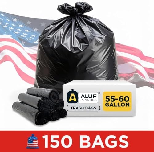 Aluf Plastics 55-60 Gallon Trash Bags Source Reduction Series Value High Density 22 Micron (equiv) Intended for Home, Office, Bathroom, Paper, Styrofoam (Pack of 150)
