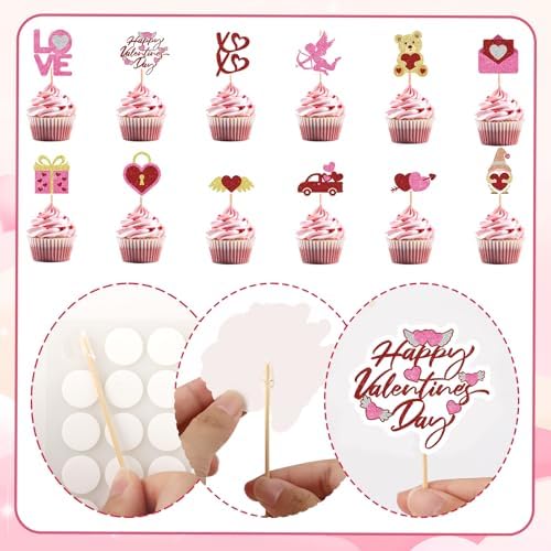 48 Pcs Happy Valentine's Day Cupcake Toppers Glitter Heart Love Cupcake Toppers Valentines Day Birthday Party Decorations Picks for Kids Wedding Anniversary Baby Shower Party Supplies