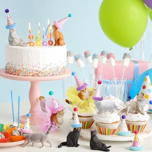 Weysat 27 Pcs Cat Cake Topper Animals Figures Birthday Party Decorations with Mini Birthday Hat with Pom Poms Animals Cupcake Toppers Decoration with Mini Skirt for Themed Party