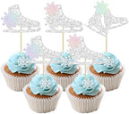 Gyufise 24Pcs Ice Skating Cupcake Toppers Glitter Snowflake Ice Sports Theme Cupcake Picks Baby Shower Cake Decorations for Skating Theme Kids Birthday Party Supplies Laser Silver