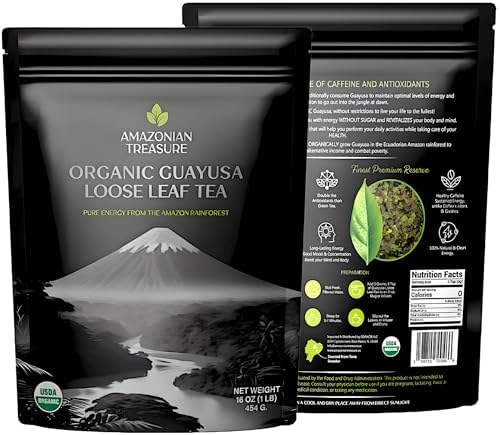 Amazonian Treasure Organic Guayusa Loose Leaf Tea, 16 OZ (1LB), Smooth Energy Boost, Alternative to Coffee & Yerba Mate, 60 mg Caffeine per Serving.