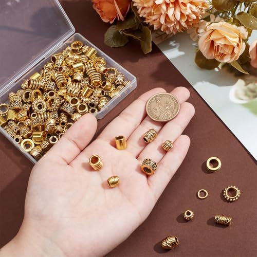 NBEADS 120 Pcs Alloy Hair Bead, 12 Styles Tibetan Gold Spacer Beads Large Hole Dreadlock Beads Beard Beads Metal Loose Beads for Hair Braids Decoration Bracelet Necklace Jewelry Making, Hole: 3.5~7mm