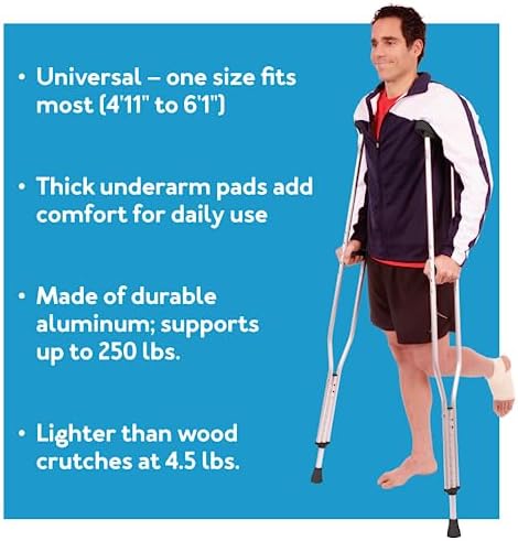Carex Folding Aluminum Under Arm Crutches for Adults 4'11" to 6'1", 2 Lightweight Crutches Included, Universal for Walking, Walking Aid for Kids, Adults & Seniors, Includes Padded Underarm Cushions