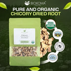 Biokoma Organic Chicory Root 100g 3.55 oz Dried Cut Coffee Substitute USDA Organic Herbal Tea Caffeine-Free Digestive Health Resealable Moisture Proof Pouch No Additives No Preservatives No GMO Kosher