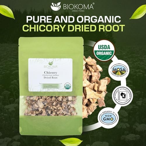 Biokoma Organic Chicory Root 100g 3.55 oz Dried Cut Coffee Substitute USDA Organic Herbal Tea Caffeine-Free Digestive Health Resealable Moisture Proof Pouch No Additives No Preservatives No GMO Kosher