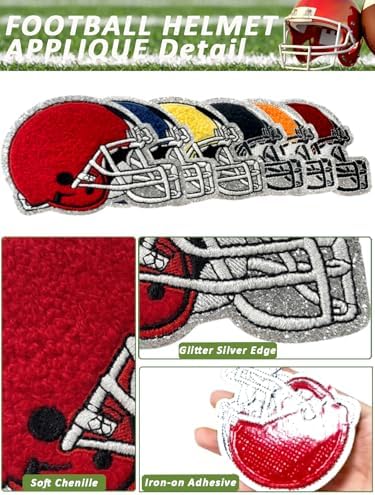 6pcs Football Iron on Patches, Helmet Chenille Patches for Clothes Repair, Embroidered Sticker Fabric Patches for Hat Backpack Jeans Jacket Gameday Decorative Applique(Red)