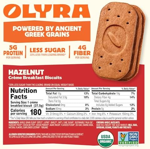 Olyra Organic Crème Breakfast Biscuit - Hazelnut - Kids Healthy Snacks, Low-Sugar, Good Source of Fiber - Pack of 4