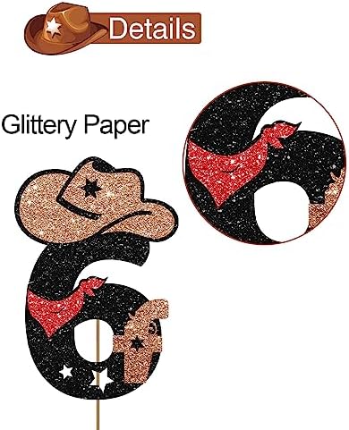 Cowboy 6th Birthday Cake Topper - Little Six Years Old Rodeo Western Party Decoration - My 6th Theme Party Supplies - Black & Brown Glitter