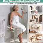 Wall Mounted Shower Seat with Arms, 2mm Thick Aluminum Frame Supports 550lbs, Folding Shower Chair with Memory Foam Cushion, 8 Adjustable Heights, Fold Down Bathroom Bench for Seniors & Disabled