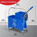 MATTHEW Cleaning Blue 22Quart Compact Mop Bucket INCL.2 Pcs Mop Head with Side Press Wringer On Wheels,Tandem Portable Floor Cleaning Wavebrake,Ideal for Household,Industrial,Restaurant,Janitorial Use