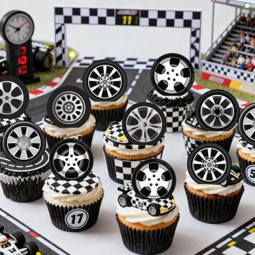 36PCS Edible Wheel Tire Cupcake Toppers Wafer Paper Racing Cars Wheels Cupcake Picks Racing Cupcake Toppers for Let’s Go Racing Checkered Theme Party Decor Supplies