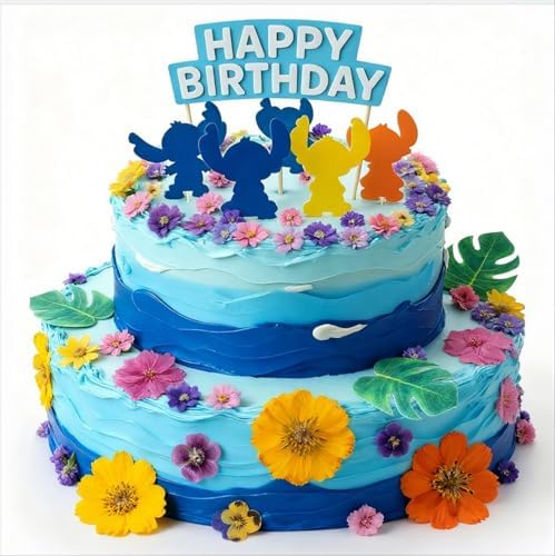 60 PCS Real Edible Flower Tropical Cupcakes Cake Decoration, Hibiscus Flowers Turtle Back Leaves Cartoon Birthday Cake Toppers -Hawaiian Series Theme Wedding, Party, Cocktails