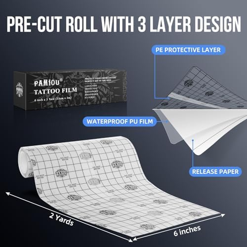 Pamiou Second Skin Tattoo Cover Up Patch Tatoo Aftercare - 6 Inches x 2 Yards Tattoo Wrap, Breathable, Waterproof, Transparent, Latex-Free Film, Protective Tape for Skin Recovery