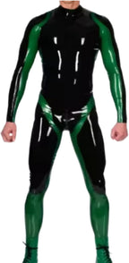 100% Latex Gummi Rubber Black and Green Catsuit Sport Bodysuit Cosplay Jumpsuit