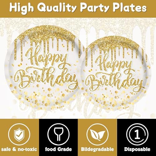 140Pcs Golden Happy Birthday Party Decorations White Gold Paper Plates Napkins Cups Tableware Set Women Men Birthday Themed Party Decor for 20 Guests
