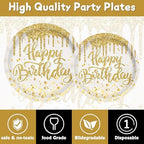 140Pcs Golden Happy Birthday Party Decorations White Gold Paper Plates Napkins Cups Tableware Set Women Men Birthday Themed Party Decor for 20 Guests