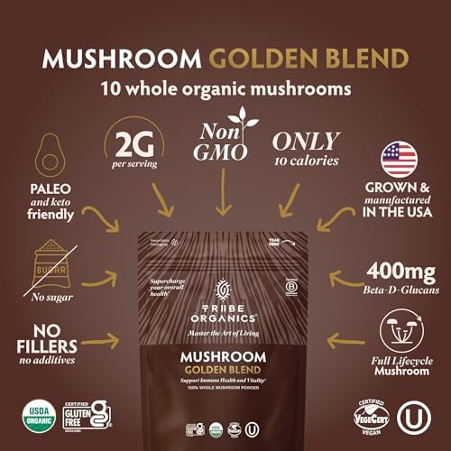 TRIBE ORGANICS Mushroom Golden Blend Powder - Organic Mushroom Powder Complex - 10-in-1 Mushrooms for Immunity Support & Health - 200g Pouch - 100 Servings