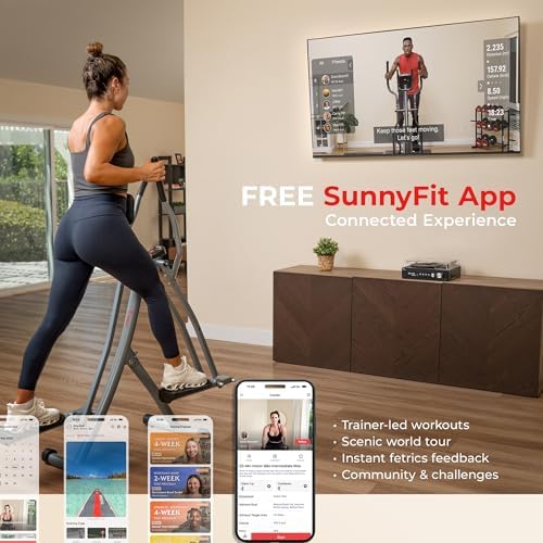 Sunny Health & Fitness Foldable Air Walk Elliptical, 30" inch Long Stride Full-Body Cardio Cross Trainer Glide Exercise for Home Office, SunnyFit App via Bluetooth with Optional Adjustable Resistance