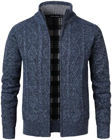 Cardigan Men's Long Sleeve Stand-up Collar Cardigan Fleece Jacket with Cable Knit Zipper Jacket Knitted Sweater