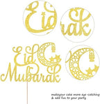 Rsstarxi 1 Pack Eid Mubarak Cake Topper Gold Glitter Moon Star Hajj Mubarak Eid Cake Picks Islamic Muslim Eid Mubarak Festival Ramadam Kareem Party Cake Decorations Supplies.