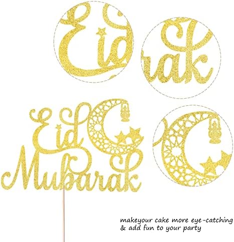 Rsstarxi 1 Pack Eid Mubarak Cake Topper Gold Glitter Moon Star Hajj Mubarak Eid Cake Picks Islamic Muslim Eid Mubarak Festival Ramadam Kareem Party Cake Decorations Supplies.