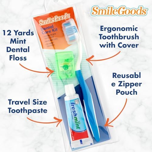 Adult Dental Care Kit, Travel Size Bundle w/Toothbrush with Cover, Toothpaste, and Floss, TSA Compliant Oral Care Kit