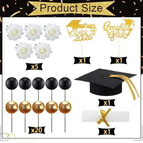 Maxdot 29 Pcs Graduation Cake Toppers Kit Included Grad Cap Diploma Balls Flowers Congrats Grad Cake Decorations for 2026 High School College Senior Graduation Party(Black)