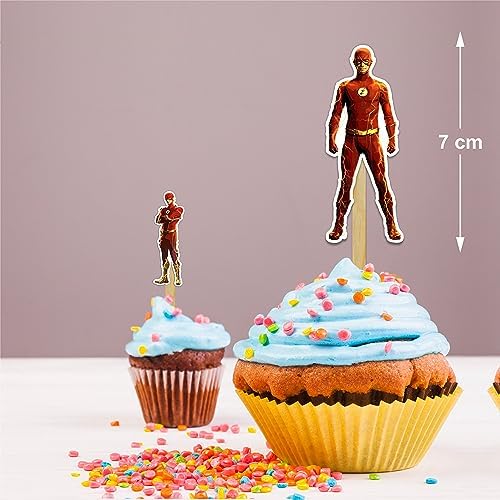 "Flsh Cupcake Topper – Superhero Theme Birthday Party Cupcake Picks for Boys and Girls – Red and Yellow Lightning Bolt Dessert Decorations for Birthday Parties, Events, and Themed Celebrations"