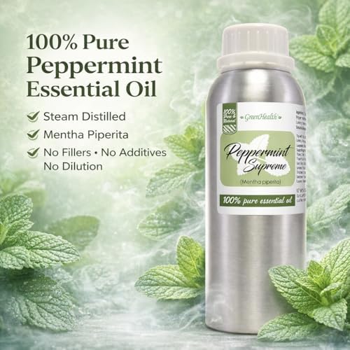 Peppermint Essential Oil – 100% Pure Mentha Piperita – GreenHealth – 8 fl oz (237 ml) Aluminum Bottle with Plug Cap – Aromatherapy, Diffusers, DIY, Candles, Fresh Home Scent
