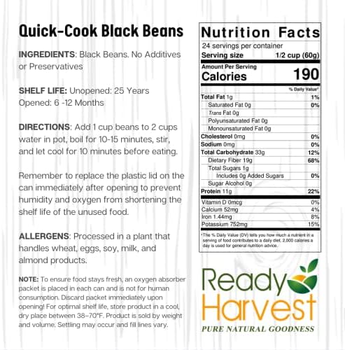 Ready Harvest Emergency Food - Quick-Cook Black Beans | Pre-cooked Beans, Just add hot Water | #10 Can | 25-Year Shelf Life | 3 lbs | Cans Filled to the Top