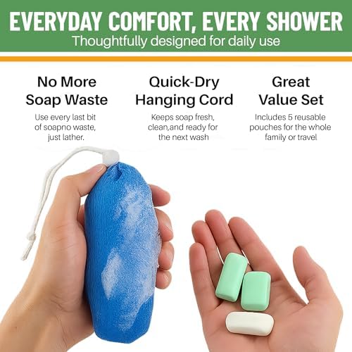 Evelots Exfoliating Mesh Loofah Soap Pouches - 5 Pack - Bath, Shower Body Facial Cleaning Scrubbers - Removes Dead Skin - Hanging Cord - Extend The Life of Your Soap Bars
