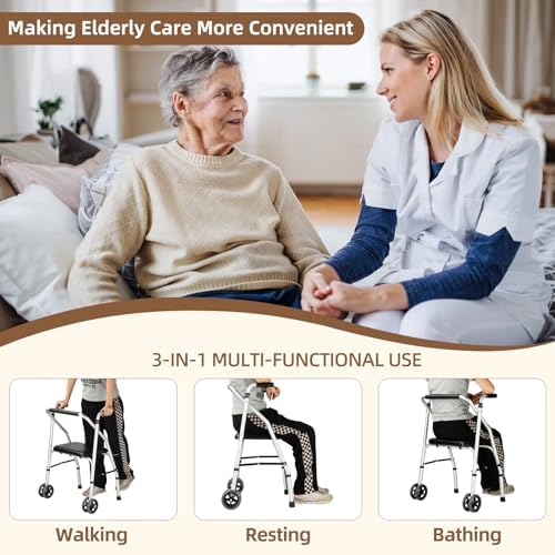 Standard Walker,Aluminum Folding Lightweight Walkers with Seat Support up to 300lbs,Adjustable Height with 5-inches, 2-Wheels Narrow Walkers for Seniors&Handicapped,Black,YMX8236XC