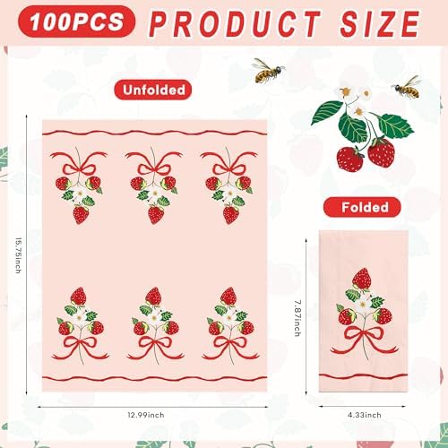 100 Pcs Strawberry Paper Napkins 3 Ply Disposable Cocktail Napkins Hand Towels for Bathroom Kitchen Birthday Berry Sweet Party Supplies