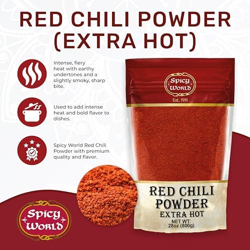 Spicy World Red Chili Powder Extra Hot 28oz (800g) JUMBO Value Pack - Just a Pinch Needed - Beautiful Color, Natural, Ground Red Chilies Powder, Authentic from India