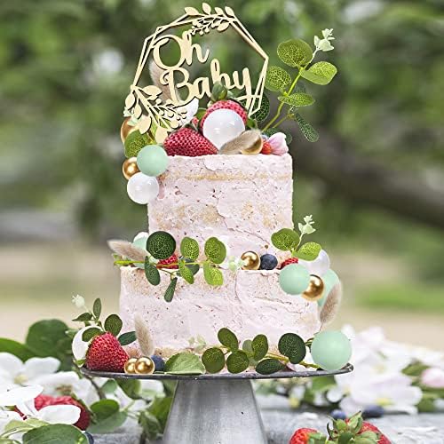 33 PCS Wood Oh Baby Cake Topper Balls Cake Topper Balls Cake Decorations with Artificial Leaves for Baby Shower Newborn Birthday Party Gender Reveal Decorations Cake Party Supplies