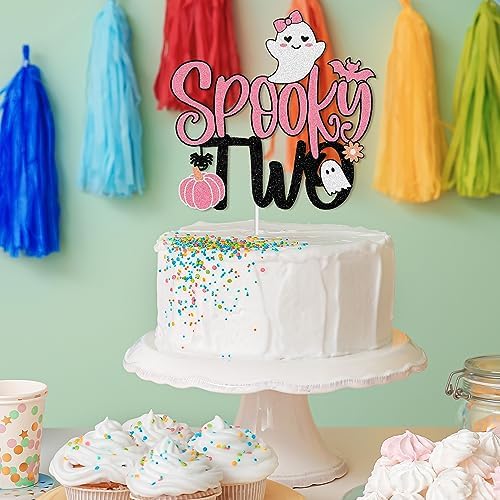 Spooky Two Halloween Happy 2nd Birthday Cake Topper - Boo I’m Two Spooky Ghost Pink Glitter Cake Topper - Happy 2nd Birthday Party For Girl's Halloween Party Decoration