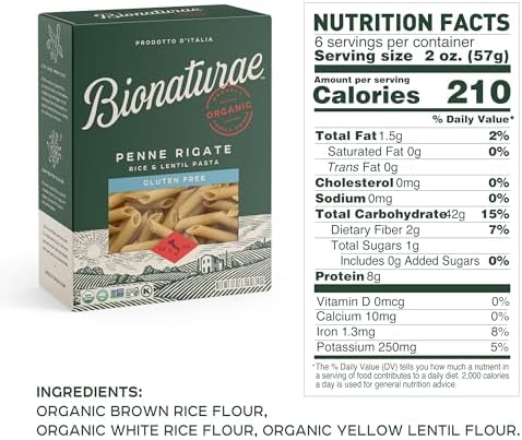 Bionaturae Penne Rigate Pasta Noodles - Gluten Free Pasta Organic, Rice & Lentil Pasta, Kosher Certified, High Protein, Non-GMO, USDA Certified, Gluten Free Pastas, Crafted in Italy - 12 Oz, 6 Pack